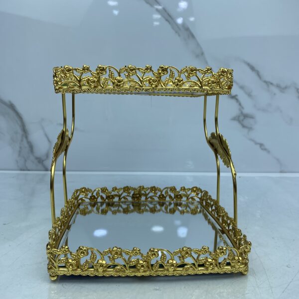 Porte gâteau 2etage dore carre حاملة الحلوى